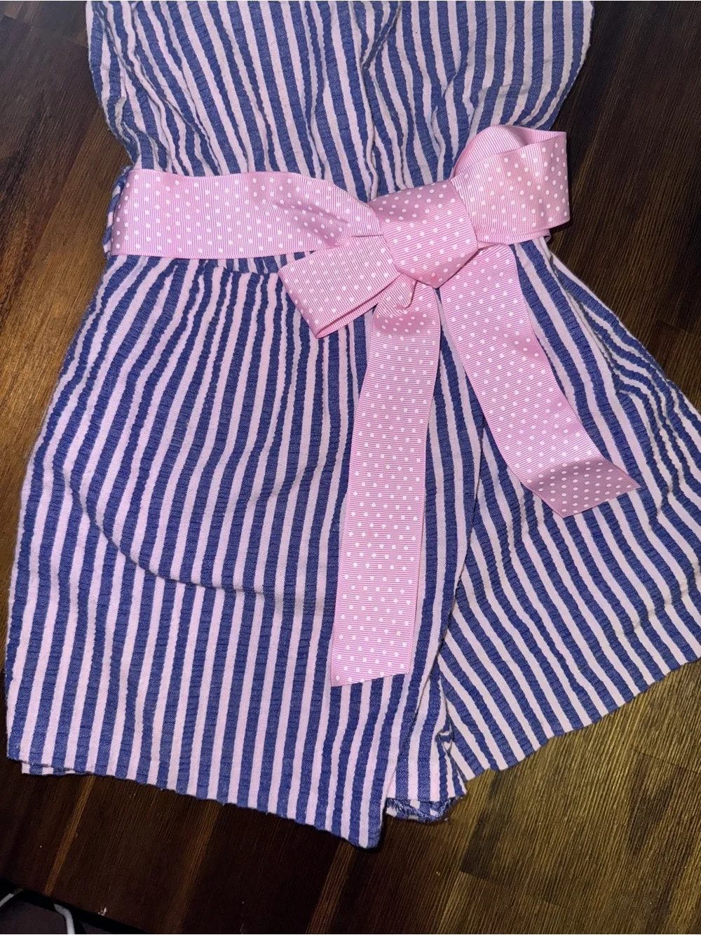 Bonnie Jean Blue Stripe Sleeveless Skort Romper with Pink Bow Belt - Size 6